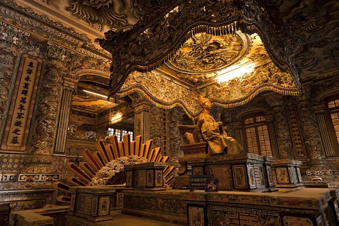 Hue Royal tombs half day afternoon group tour - Tomb of Khai Dinh: black concrete outside, mosaic explosion inside